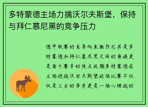 多特蒙德主场力擒沃尔夫斯堡，保持与拜仁慕尼黑的竞争压力