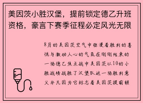 美因茨小胜汉堡，提前锁定德乙升班资格，豪言下赛季征程必定风光无限